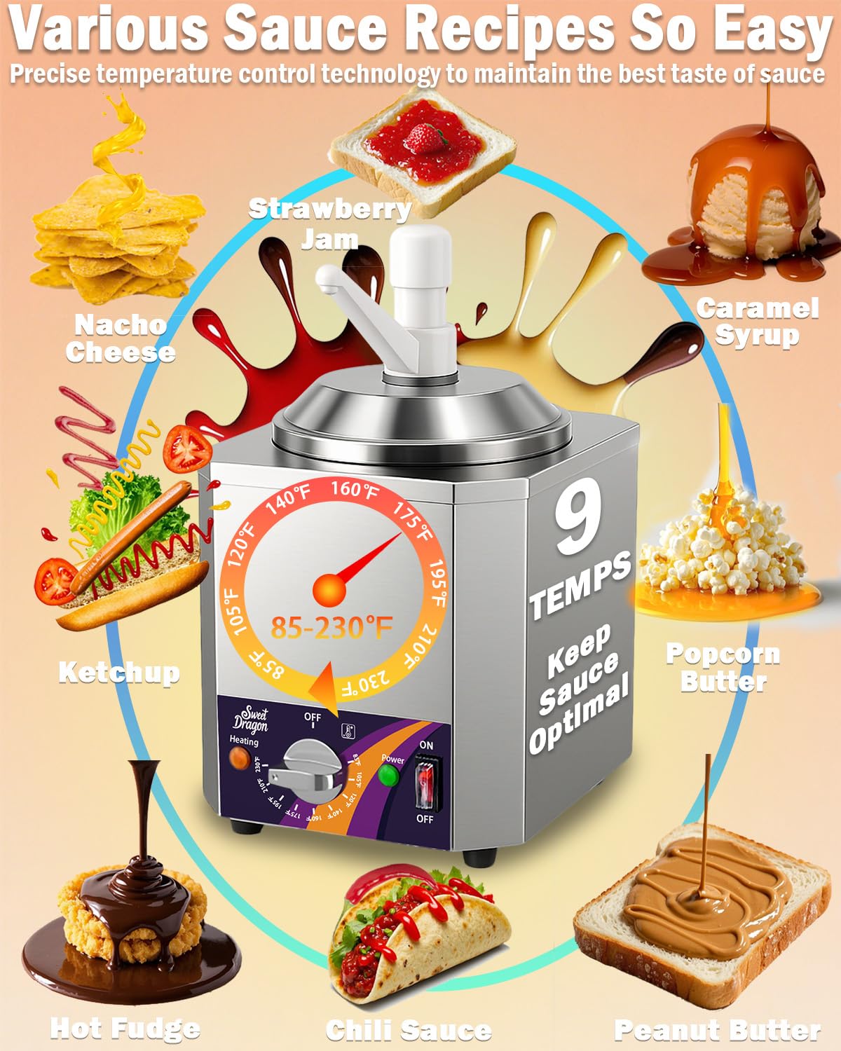 Nacho Cheese Dispenser, 2.8Qt Nacho Cheese Dip Warmer with Pump, Hot Fudge Warmer with 9-Level Temperature Adjustment, Commercial Sauce Dispenser Machine for Queso para Nachos, Caramel Syrup Pumps