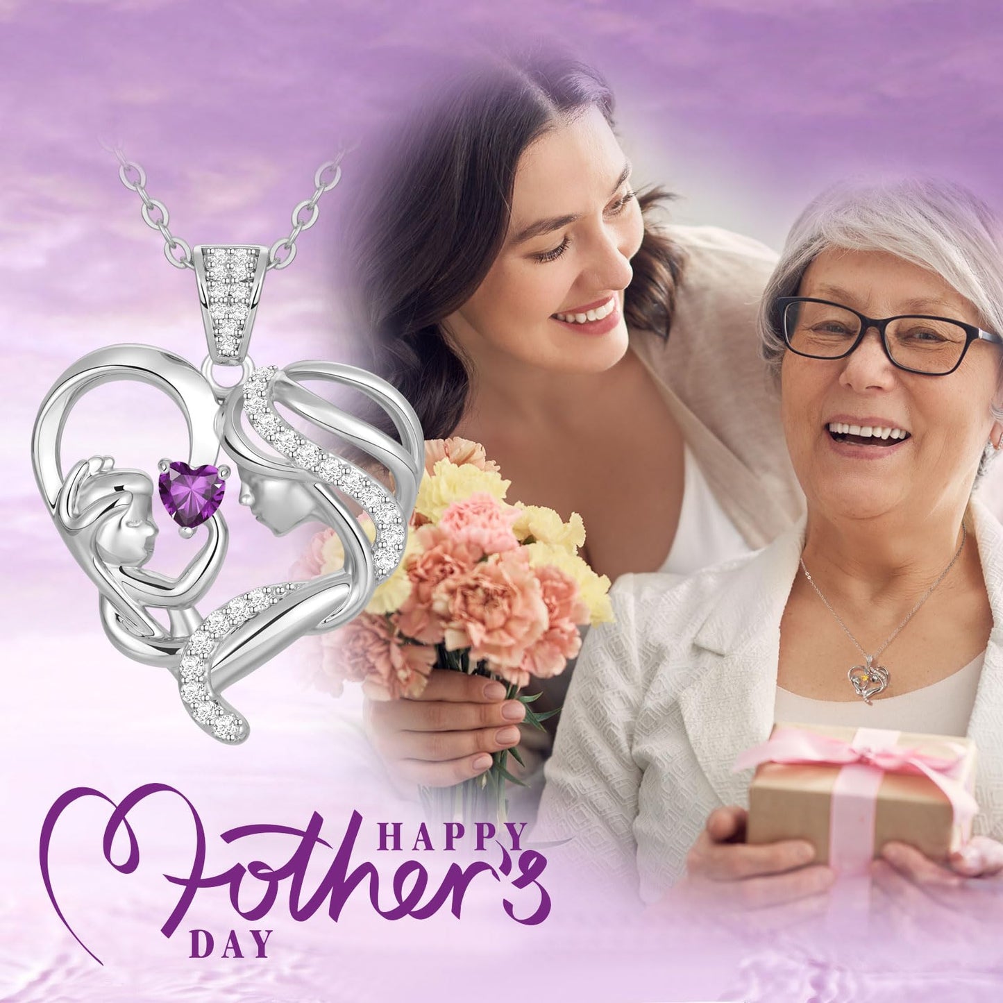 Zifeel Mothers Day Gifts for Mom Wife Her Grandma, S925 Sterling Silver Birthstone Necklaces Jewelry for Women, Mother's Day Love Heart Pendant Necklace for Anniversary Birthday Christmas Day