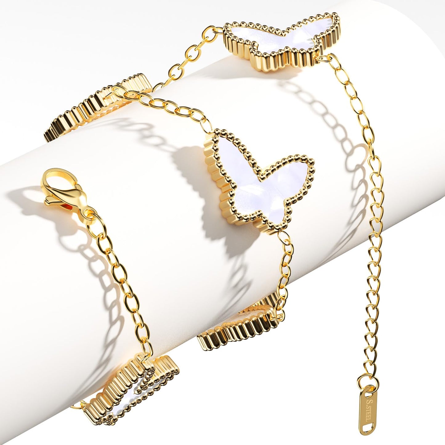 AICase 18K Gold Plated Clover Bracelet Dupes White Bracelet Set for Women Butterfly Flower Leaf Lucky Clover Bracelets Trendy Jewelry Birthday Gifts for Women/MoM/Friends_White