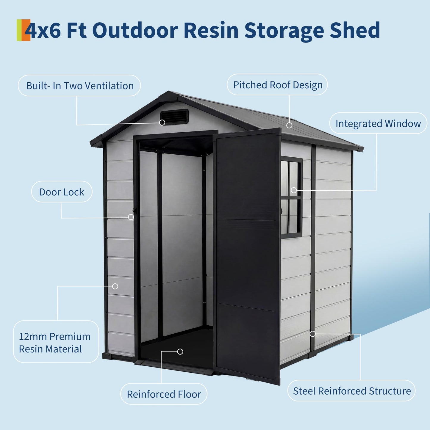Resin Outdoor Storage Sheds 4x6 ft, Upgraded Double-Wall Outdoor Plastic Shed with Window, Waterproof Lockable Garden Shed for Patio Furniture, Lawn Mower, Bike and Tool Storage