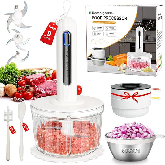Cordless Food Processor 4 Bowls(6.5Cup+1.3Cup+2x0.6Cup)【800W Pure Copper Motor】【3 Sets SUS304 Blades】Meat Grinder-USB Rechargeable Food Chopper for Meat,Garlic,Vegetable,Fruits,Sauces,Baby Food