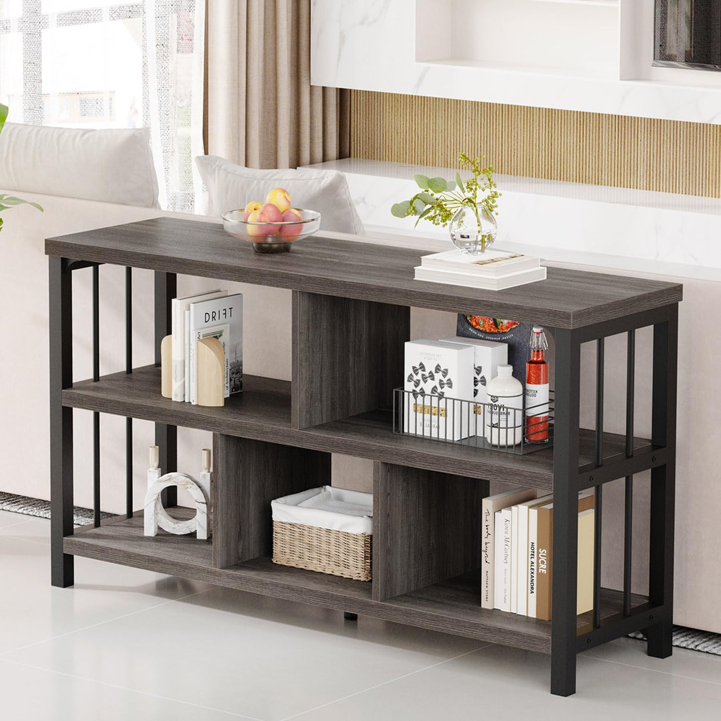 IBF Industrial 5 Cube Storage Organizer Bookshelf, Rustic Low Horizontal Book Shelf, Metal and Wood Cube Bookcase for Bedroom, Modern Wide Cubby Shelf for Living Room Home Office, Dark Grey Oak, 47 In