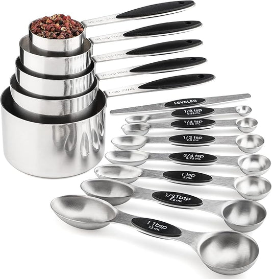 Measuring Cups and Spoons Set Includes 5 Stainless Steel Measuring Cups 7 Magnetic Measuring Spoons and 1 Leveler for Dry or Liquid Ingredients (Black)