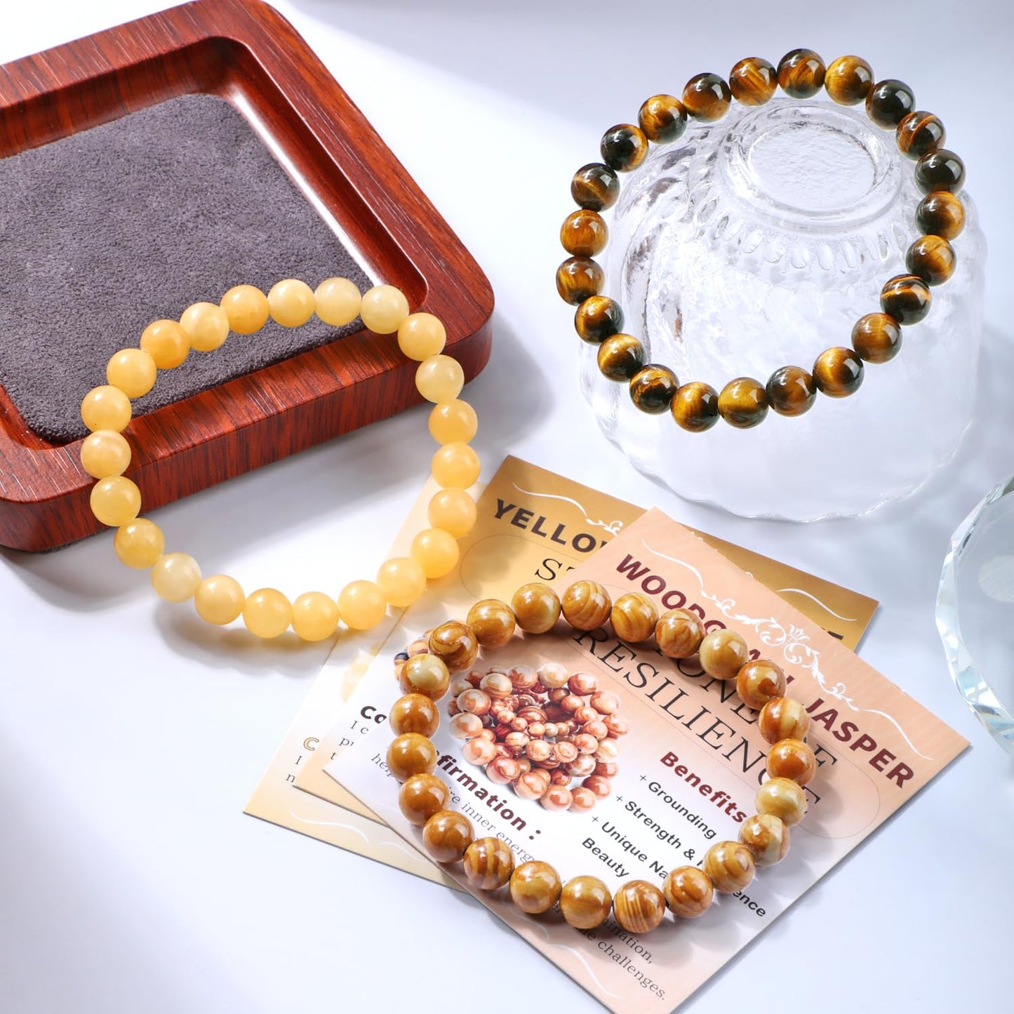 NCB 3-Piece 8mm Natural Crystal Gemstone Stretch Bracelets – ﻿Woodgrain Jasper, Yellow Jade, Yellow Tiger's Eye Handmade Reiki Energy Healing Jewelry for Meditation,Yoga, Unisex