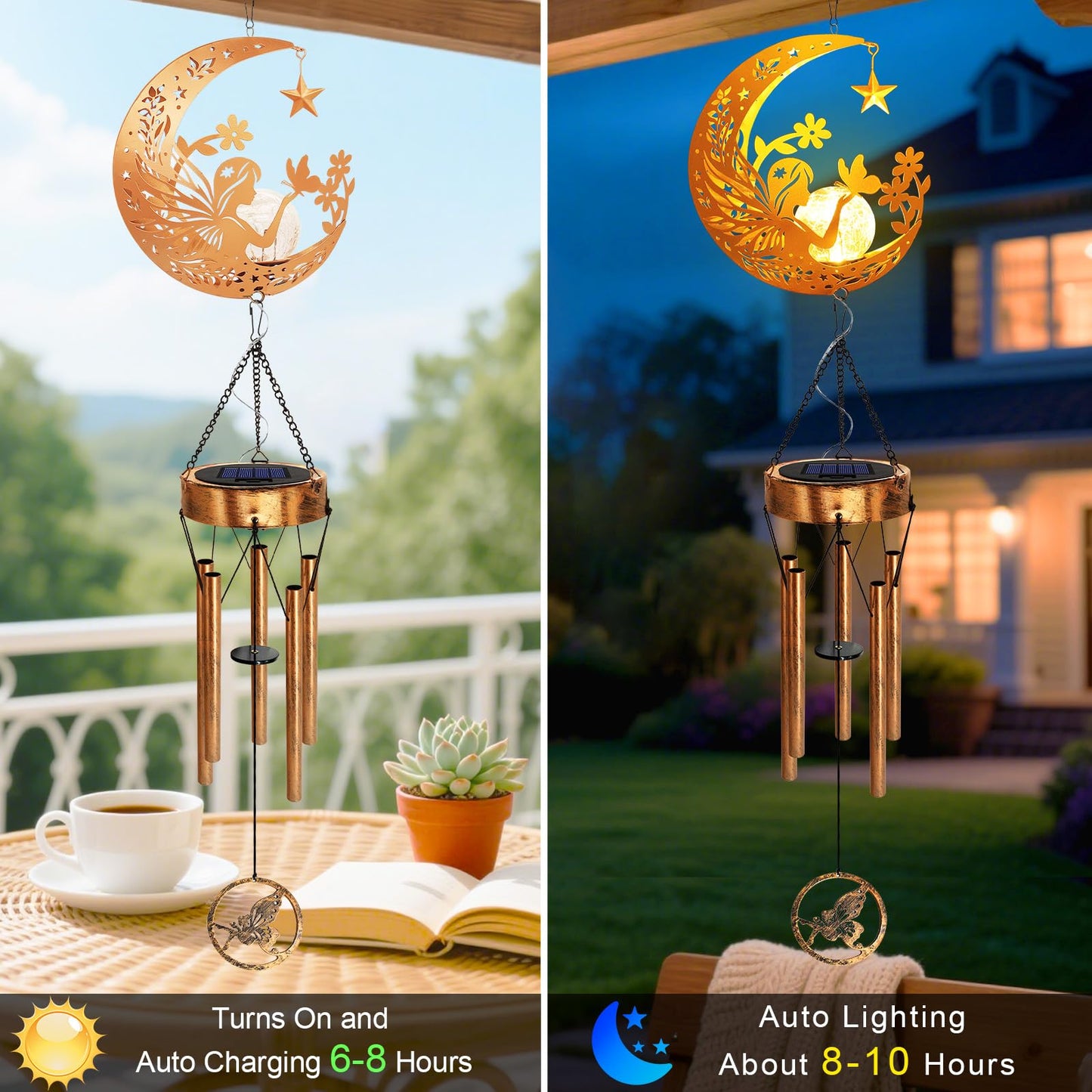 Solar Moon Fairy Wind Chimes, Moon Gifts Mothers Day for Mom Women Men Sympathy Birthday, Hanging Outdoor Decor Cracked Glass Ball Memorial Large Wind Chimes for Garden Patio Porch