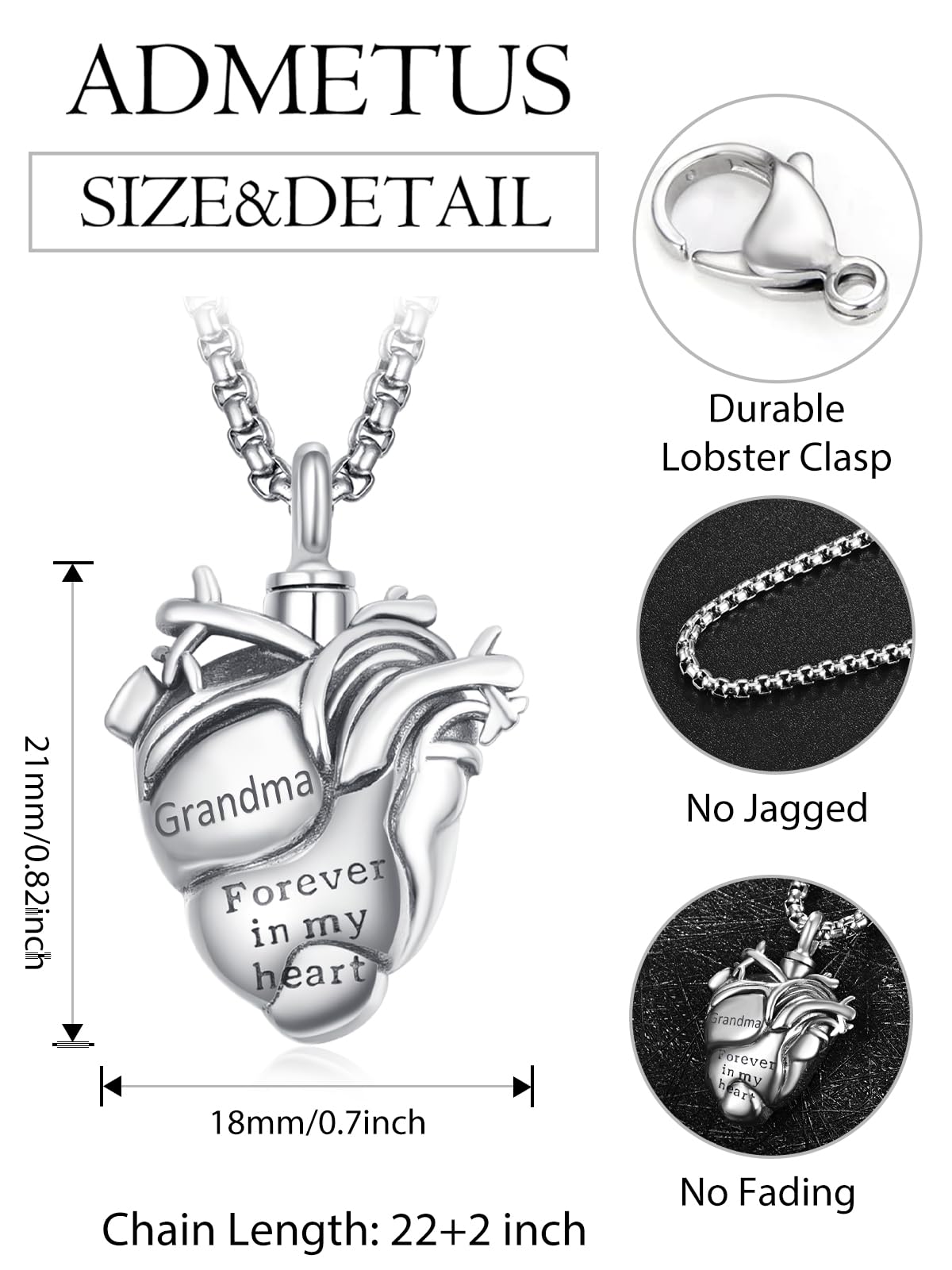 Personalized Anatomical Heart Urn Necklaces for Ashes Sterling Silver Ash Pendants Cremation Jewelry Grandma Keepsake Pendant Memorial Jewelry Gifts for Loss of Grandma