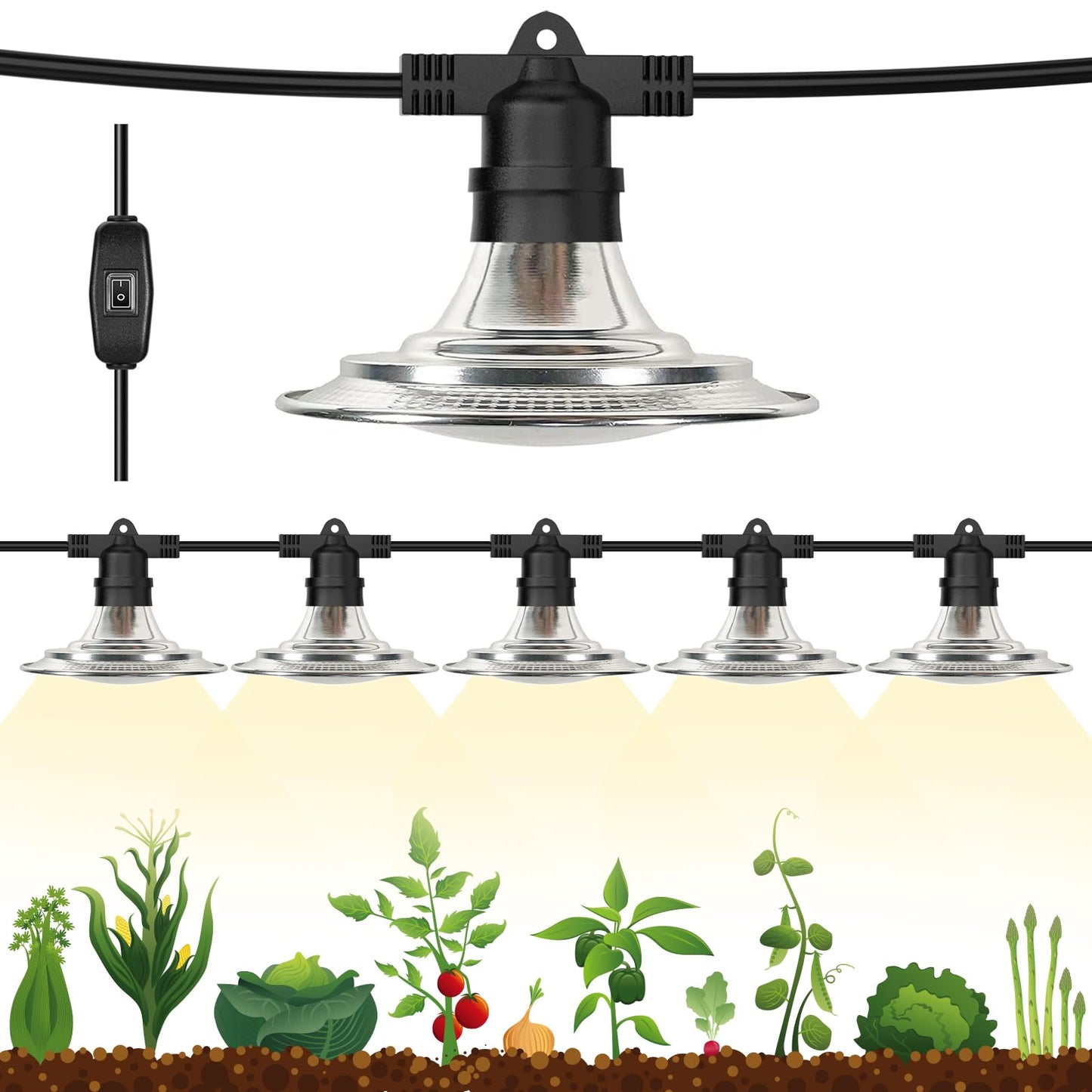 Espird Outdoor LED Grow Lights for Greenhouse 6-Light Waterproof String Grow Light, Full Spectrum LED Plant Grow Light Lamp, Waterproof Greenhouse Grow Lights for Seedling, Veg, Flower