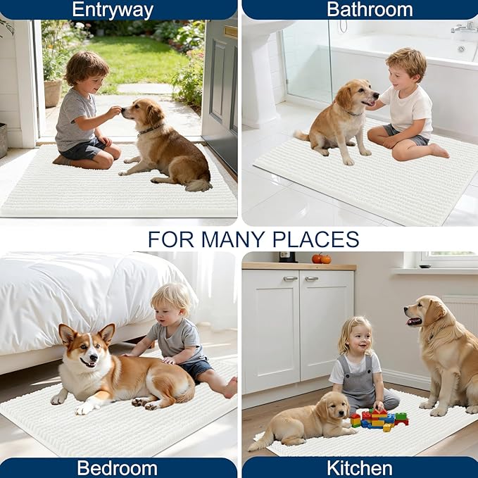 OLANLY Dog Door Mat for Muddy Paws 36x24, Ultra Absorbent Chenille Mud Doormat, Non-Slip Washable and Dirt Trapping Doormat for Indoor Entryway, Quick-Dry Indoor Pet Bed Mats for Dogs, Ivory