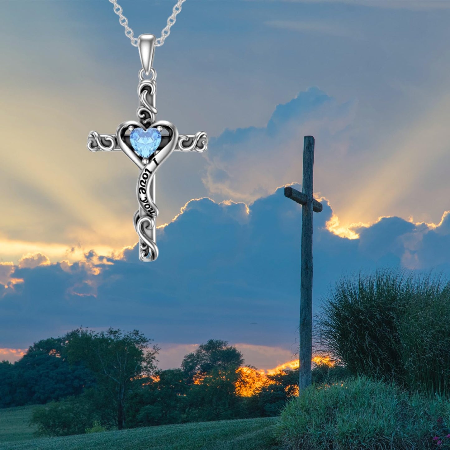 TOUPOP Aquamarine Cross Necklace for Women Sterling Silver March Birthstone Cross Pendant Necklace Heart Love Jewelry for Her Girlfriend Wife Mom Anniversary Birthday Mothers Day Gifts