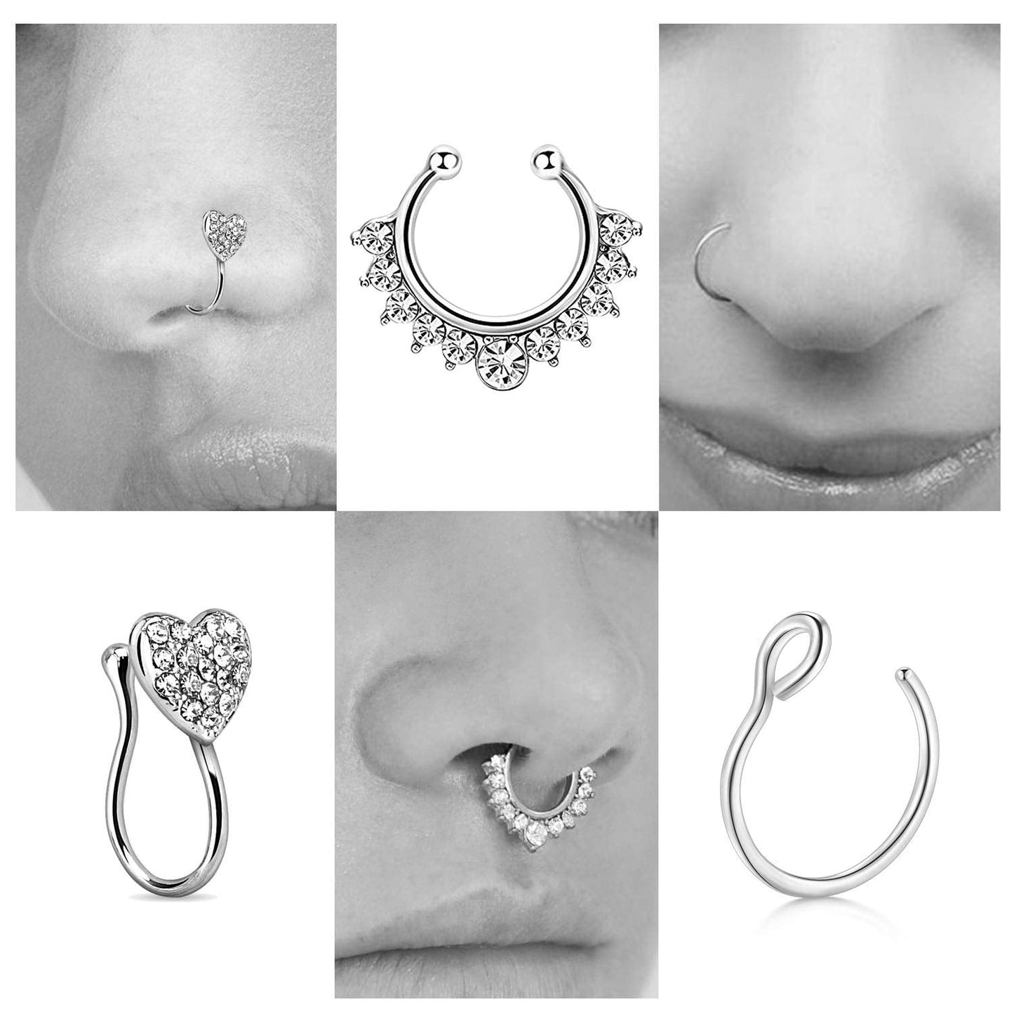 JFORYOU 6Pcs Nose Rings Fake 16G Stainless Steel Inlaid CZ Faux Piercing Jewelry Spring No Pierced Septum Clip on Circle Hoop For Women Men