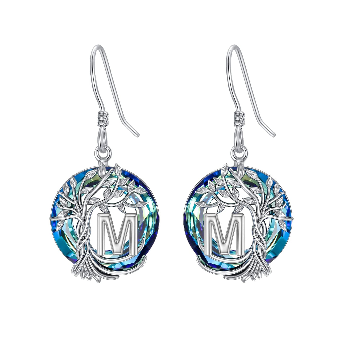 TOUPOP Tree of Life Initial Earrings Sterling Silver Initial M Letter Drop Dangle Earrings Blue Circle Crystal Family Tree Jewelry Birthday Mothers Day Gifts for Women Mom Her