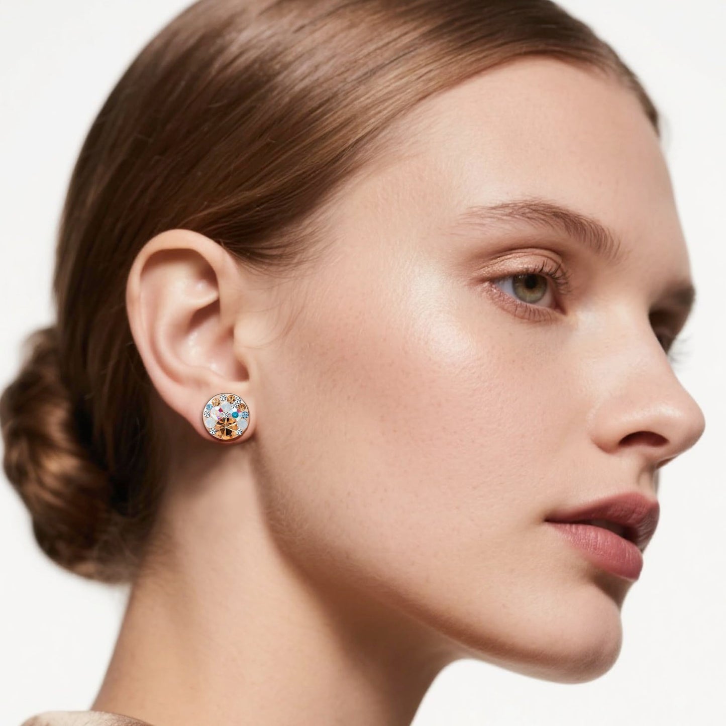 Multicolored Austrian Crystal Rhinestone Stud Earrings for Women Fashion S925 Sterling Silver Hypoallergenic Jewelry (Golden Main Crystal/Rose Gold-tone)