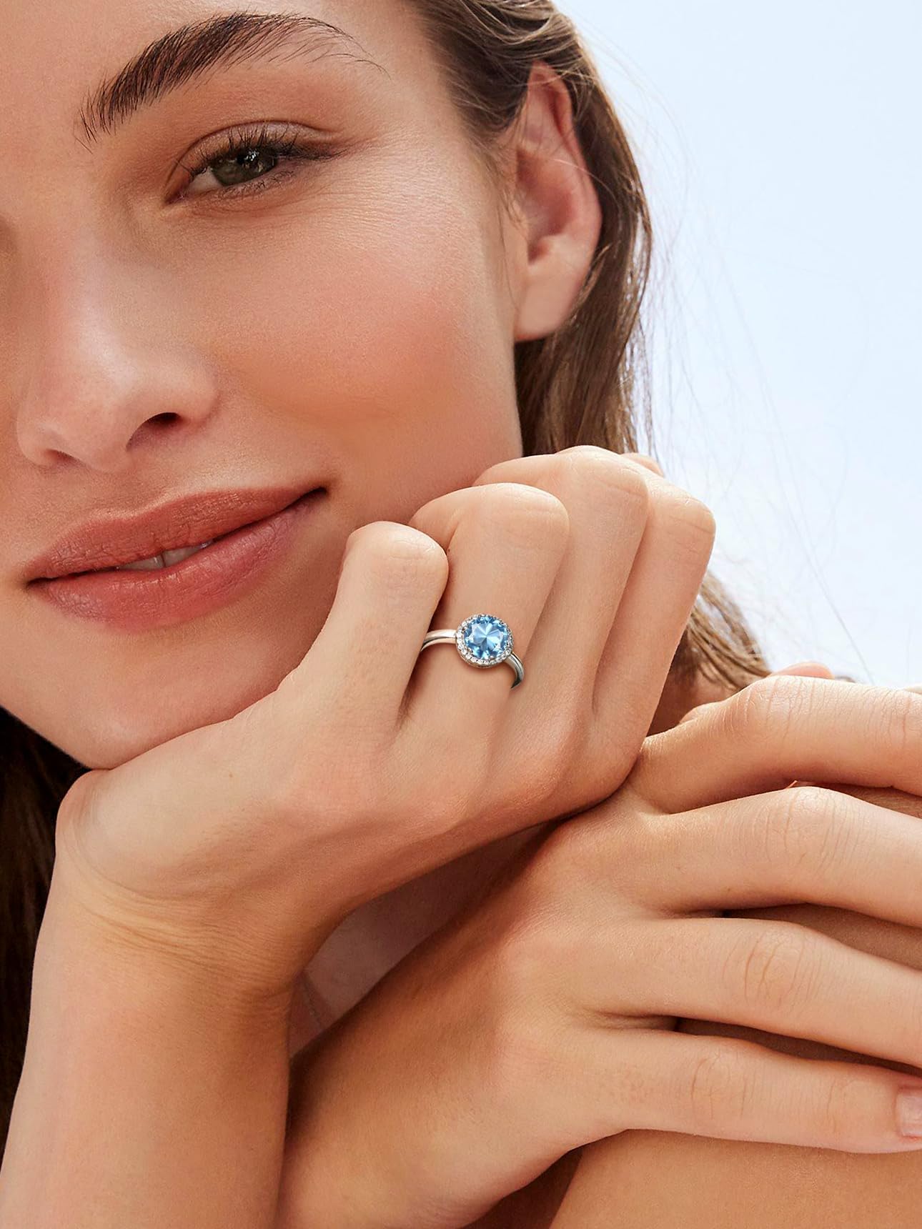 Bestyle 925 Sterling Silver Love Round Cubic Zirconia Rings March Aquamarine Crystal Gemstone Rings for Women, Hypoallergenic Adjustable Rings for Every Finger
