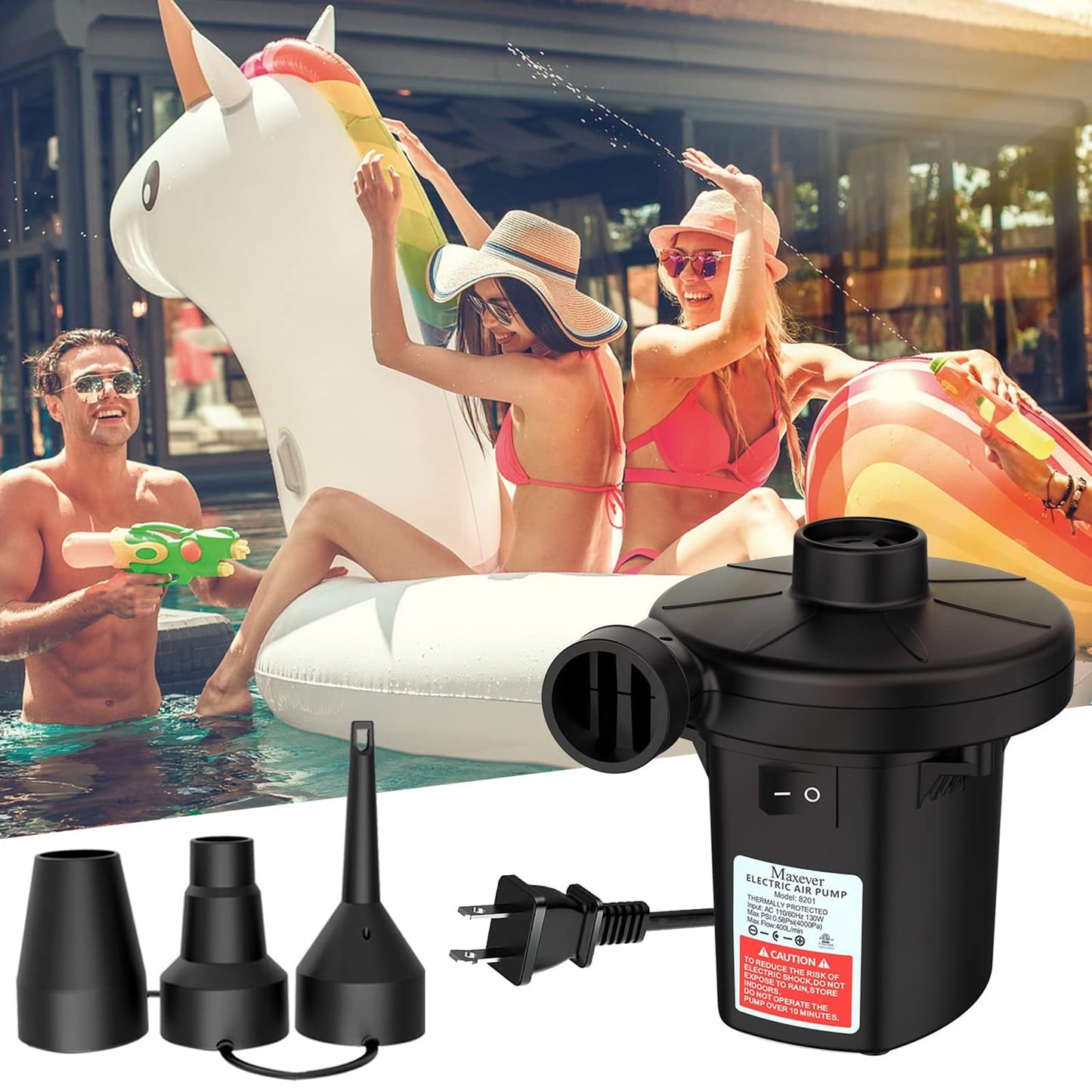 MAXEVER Quick-Fill Electric Air Pump with 3 Nozzles, AC 110V-120V Portable Inflator Deflator for Inflatables Pool Float Toys Air Mattress Bed Couch Swim Ring Tube Raft, Black