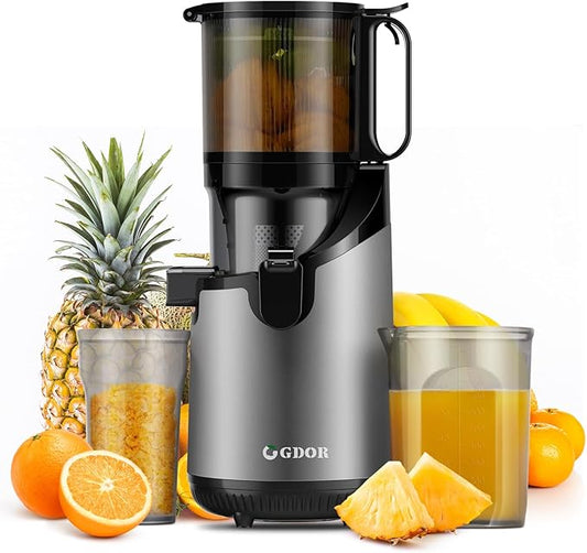 GDOR Cold Press Masticating Juicer Machines, Self Feeding Slow Pure Juicer, 5.3" Extra Feed Chute Fit Whole Vegetable and Fruit, Grey