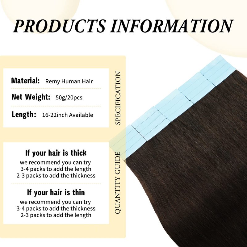 20 inch Tape in Hair Extensions Human Hair Straight Tape Hair Extensions for Women 20 Pcs/50g Seamless Skin Weft #2 Dark Brown Real Hair Extension Invisible Tape ins Human Hair