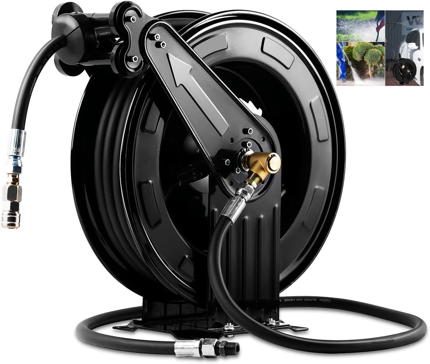 Retractable Pressure Washer Hose Reel, Heavy Duty Steel Professional Power Wash Hose Reel ，Double Arm 50FT x 3/8" with 5 ft Lead for Water/Air/Oil，4000 PSI [Pressure cleaning hose not included ]