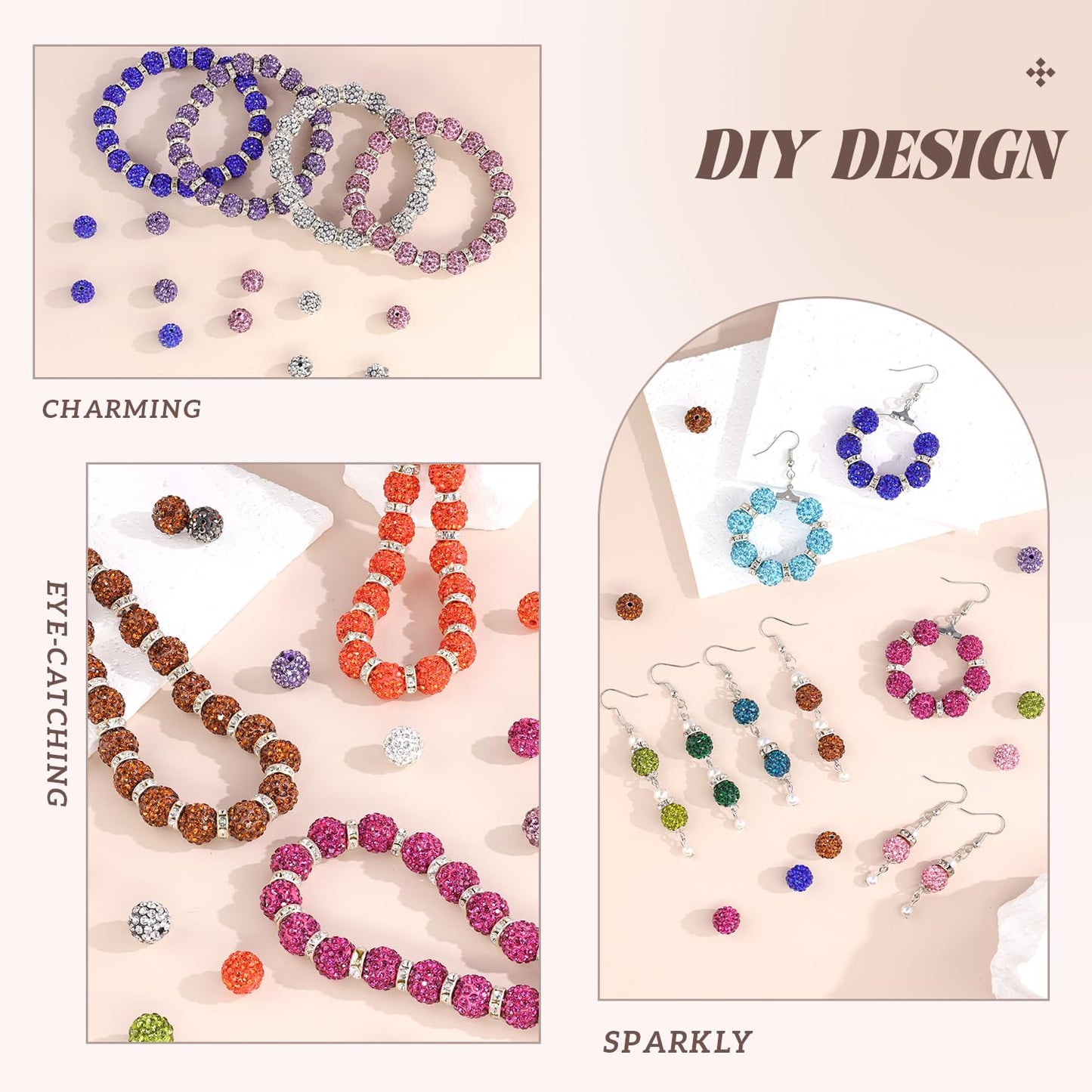 105pcs 10mm Rhinestone Beads for Jewelry Making, Black Shiny Round Disco Ball Beads Bulk, Sparkle Crystal Clay Christmas for Bracelet Baseball Necklace Earring Crafting and DIY
