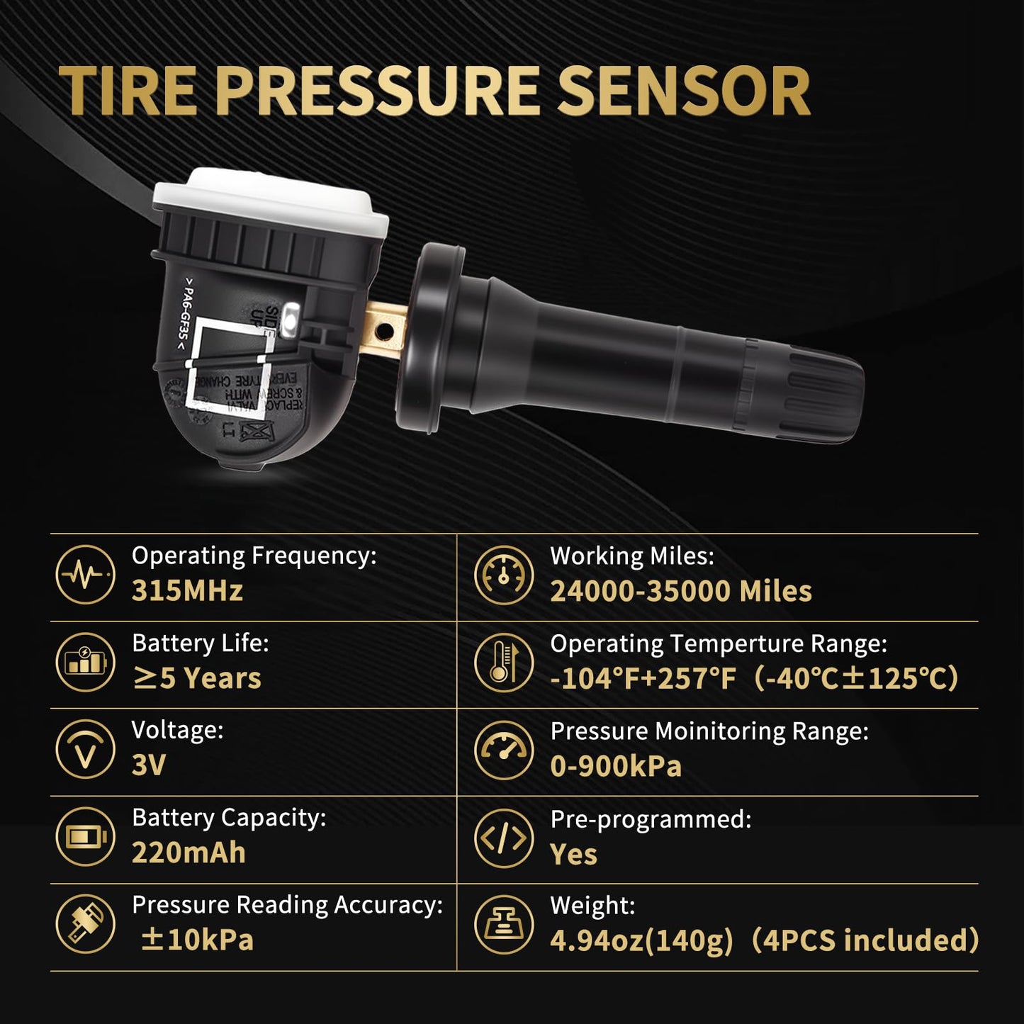 AXINMOTOO TPMS Sensor, 4PCS 315MHz Tire Pressure Monitoring Sensor Replacement for Chevy Camaro Suburban Impala, for GMC Acadia Yukon, for Buick Allure, for Pontiac G3 G5, 13598771 13598772