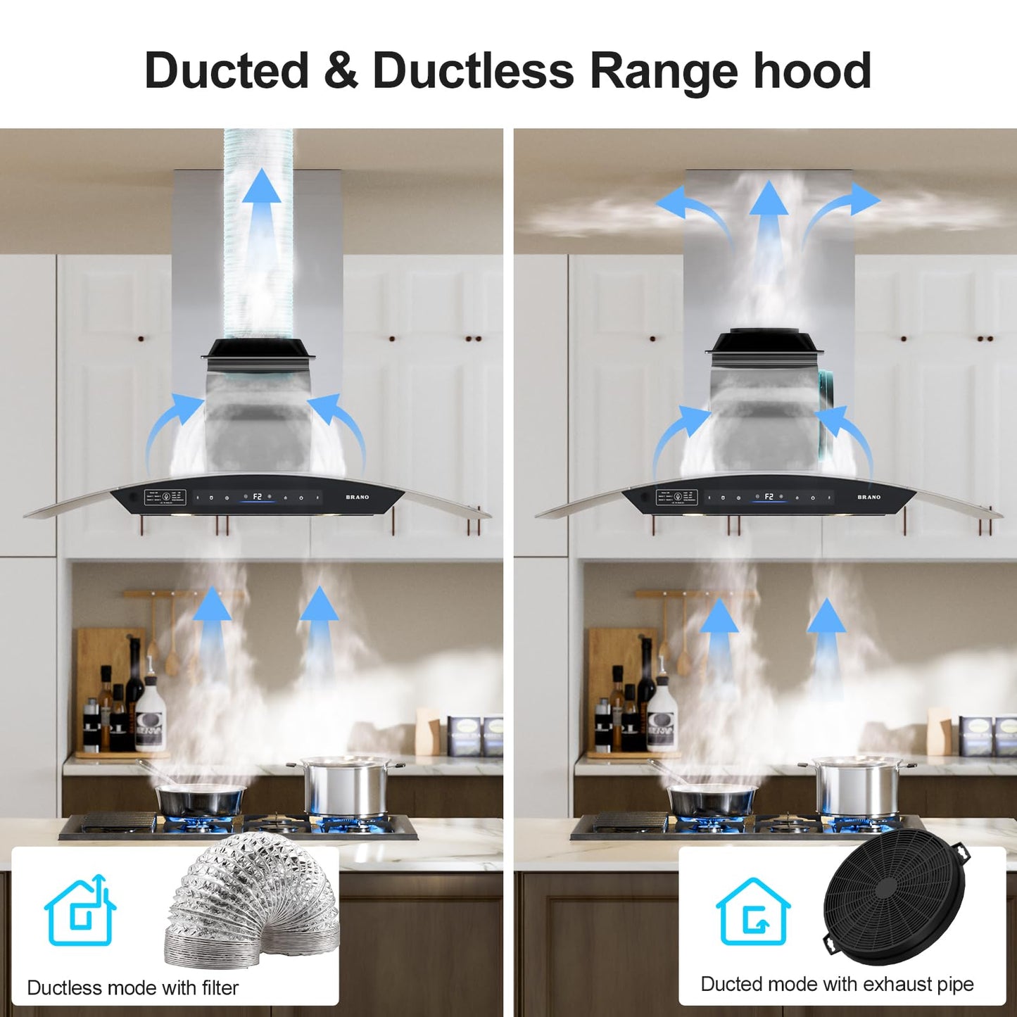 BRANO 36 Inch Island Range Hood, 900 CFM Voice/Gesture/Touch Control Ceiling Vent Hood with 4 Speed Exhaust Fan, 4 LED Lights, Memory Mode, Ducted/Ductless Convertible with 2 Charcoal Filter