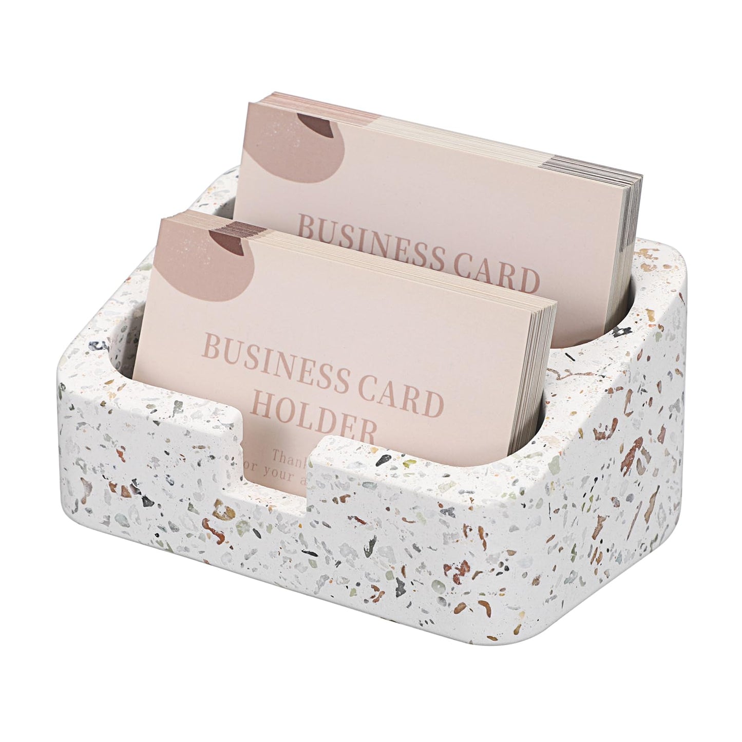 Hipiwe Business Card Holder Stand for Desk, 2 Slots Terrazzo Business Name Card Display Stand for Women Men Desktop Concrete Business Card Organizer for Office, Fits for 100 Business Cards