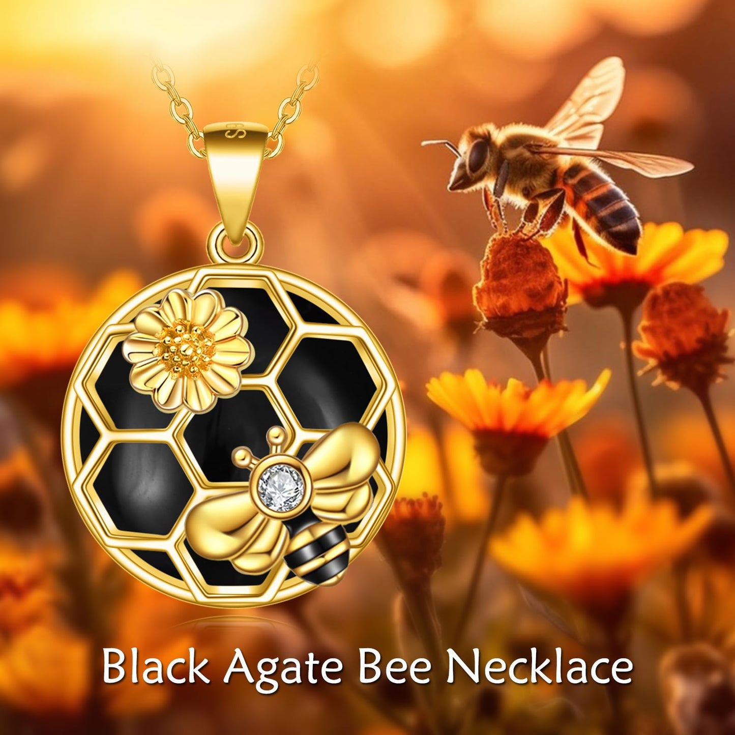 LUHE Bee Necklace 925 Sterling Silver Honeycomb Daisy Flower Pendant Necklaces for Women Christmas Gifts for Women