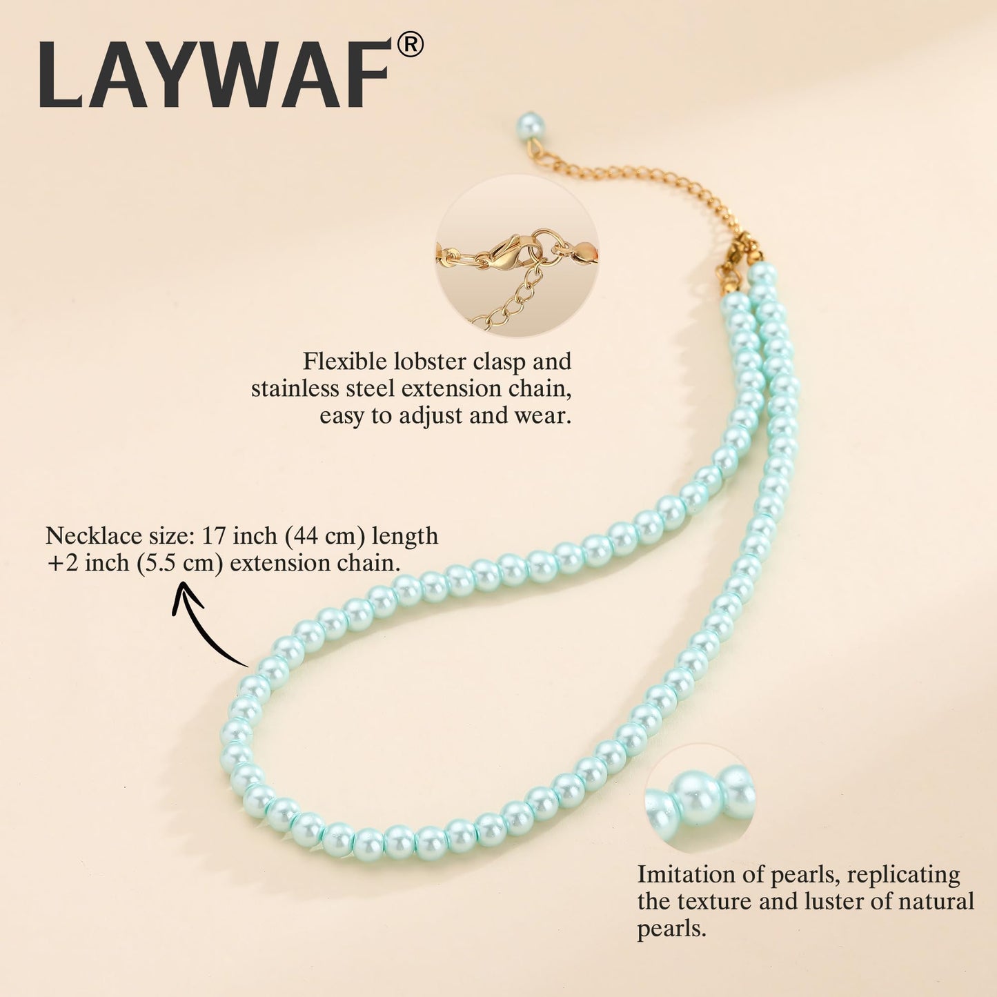 LAYWAF Imitation Pearl Necklace for Women, 6MM Blue Beaded Necklace, Fake Pearl Choker Mom Necklace, Simple Dainty Costume Pearl Jewelry, Faux Pearl Accessories for Wedding Bride