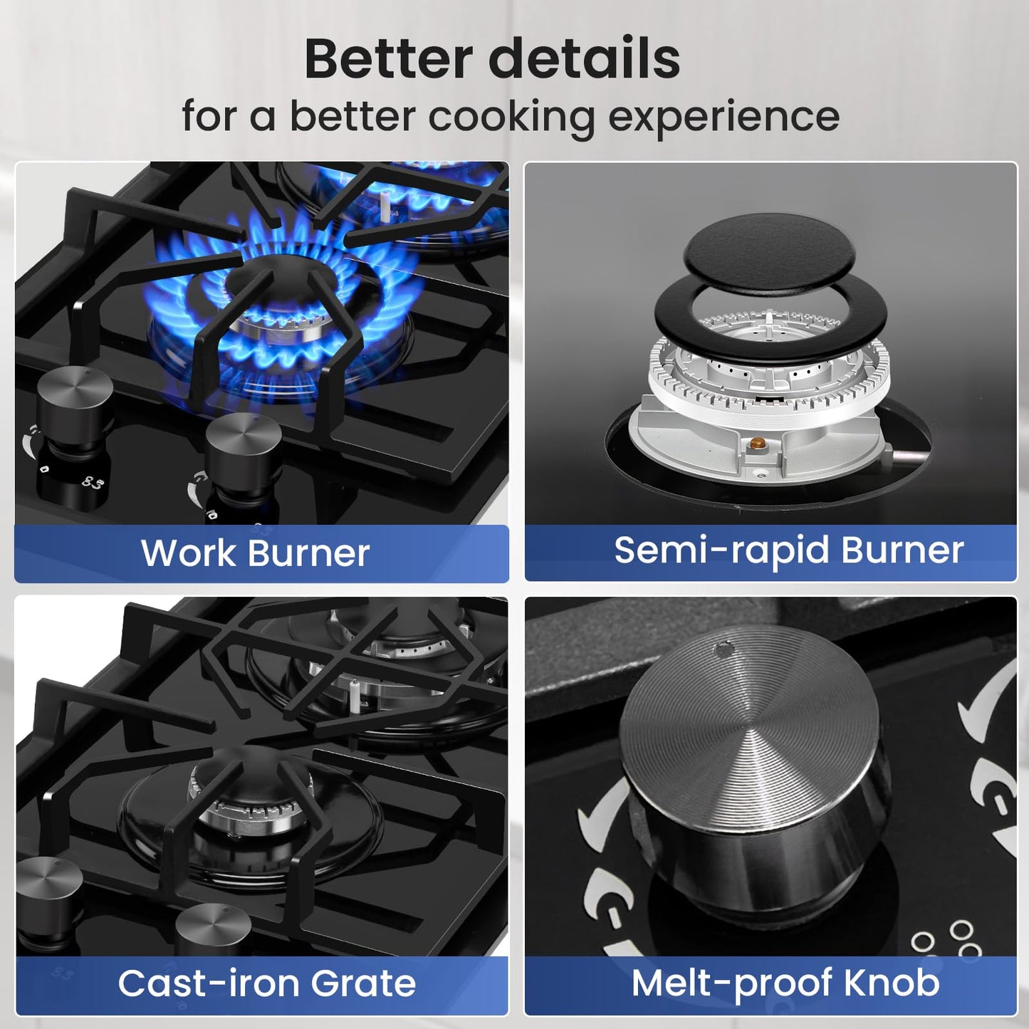 Ignivra Gas Cooktop 4 Burners, 12000W Built-in Gas Stove, Black Crystal Tempered Glass Propane Cooktop, 24x20" Top Propane Stove Indoor LPG/NG Dual Fuel Hob for Apartment Kitchen RV