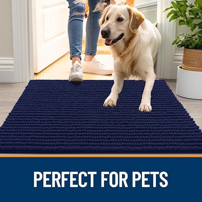 OLANLY Dog Door Mat for Muddy Paws 30x20, Ultra Absorbent Chenille Mud Doormat, Non-Slip Washable and Dirt Trapping Doormat for Indoor Entryway, Quick-Dry Indoor Pet Bed Mats for Dogs, Navy Blue