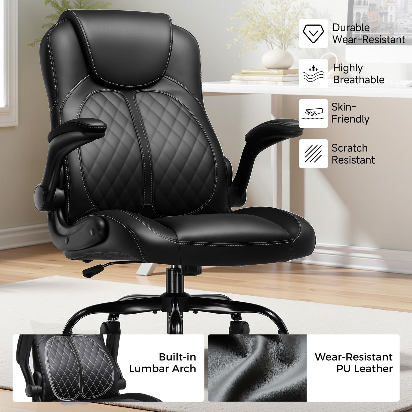 GTPLAYER Office Chair with Flip-Up Armrests, Ergonomic Desk Chair with Rocking Function, Adjustable Height, High-Density Foam Seat, Executive Computer Chair for Home Office (Black)