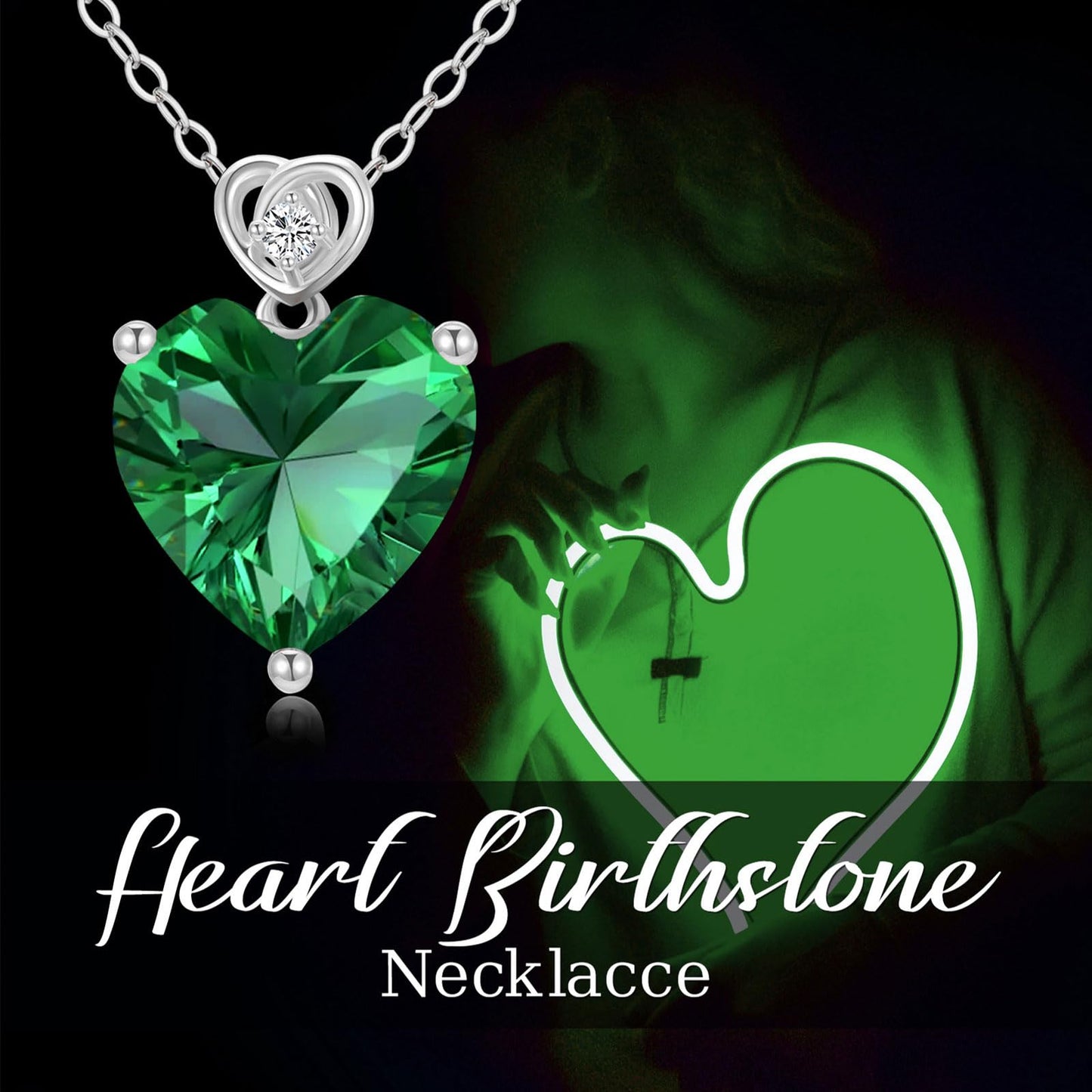 NFYBD 14k White Gold Love Heart Emerald Birthstone Pendant Necklace for Women 3 Carat Heart-cut Created Gemstone Anniversary Birthday Mother's Day Necklaces for Her-may