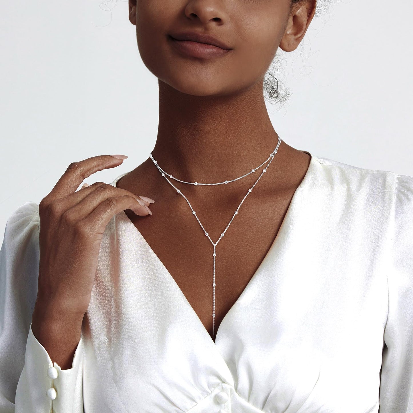 Zeffy Dainty Long Silver Necklaces for Women Trendy Lariat Y Necklace Layered Beaded Drop Necklaces Simple Y-Shaped Chain Jewelry Gift Wedding