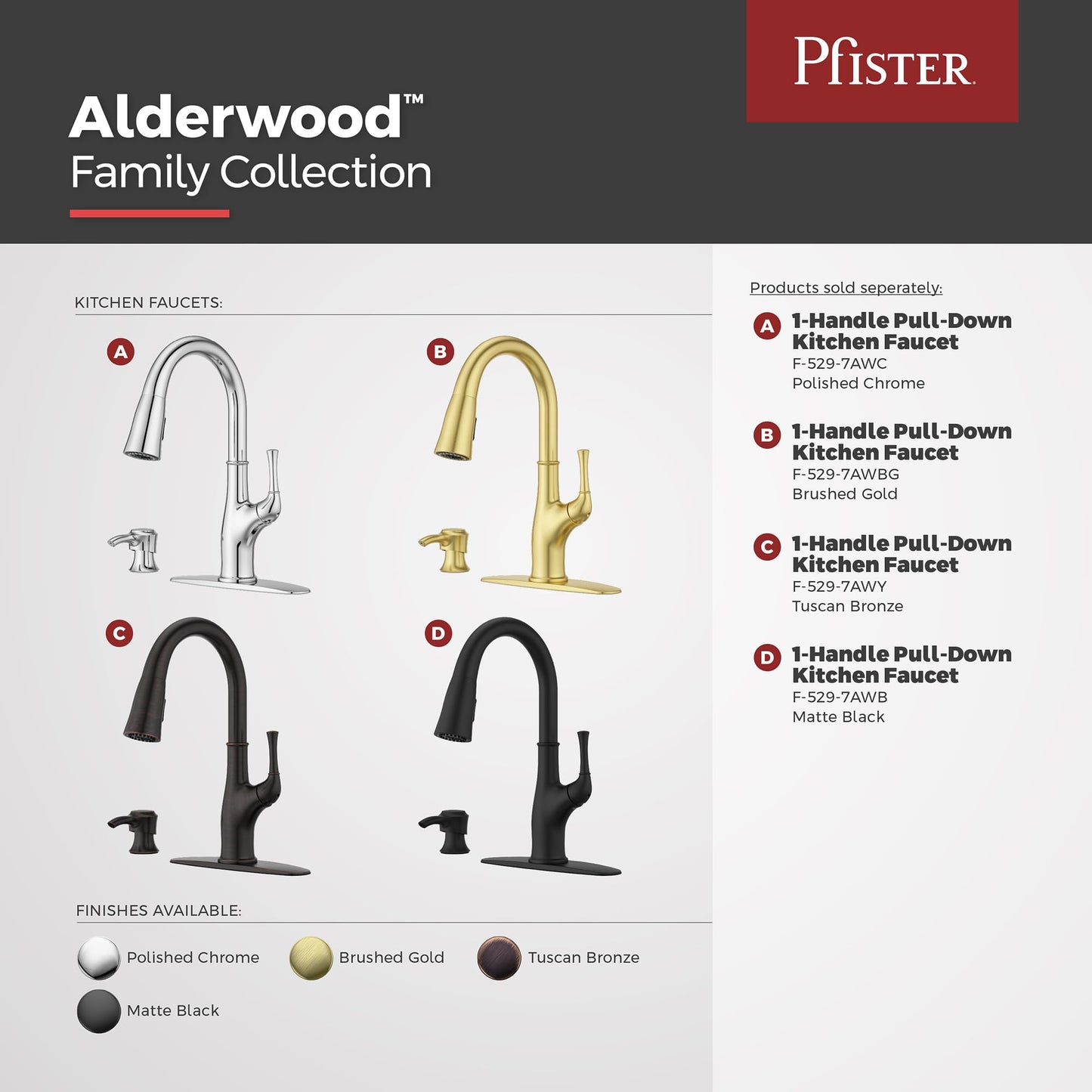 Pfister Alderwood Kitchen Faucet with Pull Down Sprayer and Soap Dispenser, Single Handle, NSF Certified, Polished Chrome Finish, F5297AWC