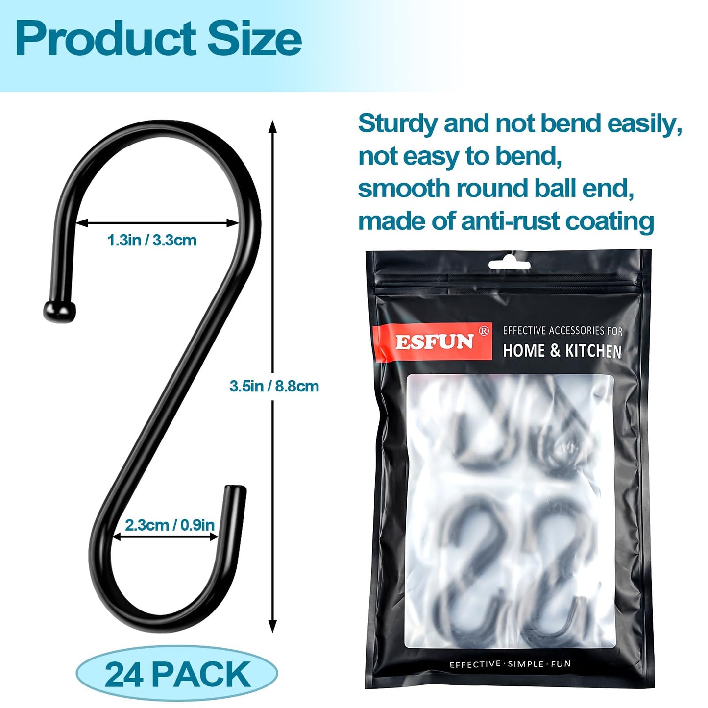 ESFUN 24 Pack S Hooks, 3.5 Inch Heavy Duty S Hooks for Hanging Plant, Large Closet Rod Hooks for Jeans Bags, Black Metal S Shaped Hook for Plant Basket, Pots Pans Wire Shelf Rack, Utensils, Towels