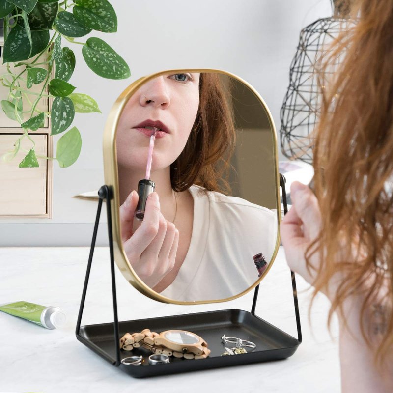 Navaris Vanity Mirror with Tray - Table Top Mirror with Metal Stand and Storage - 7" x 9" Mirror Size - For Makeup, Tabletop, Desk - Gold Finish