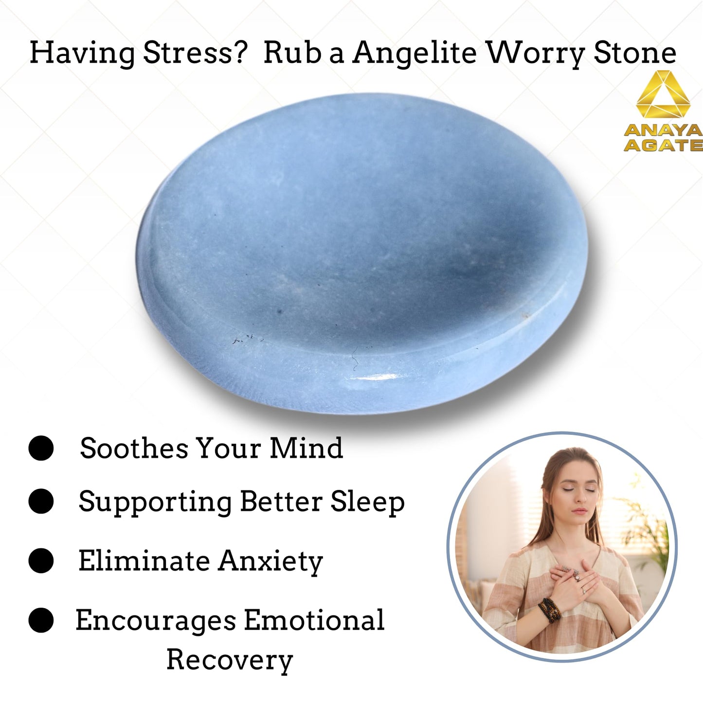 Anaya Agate Angelite Worry Stones Certified Crystal Thumb Worry Stone for Anguish, Relaxing and Soothing Balance Stones for Meditation, Stress Relief Crystals and Healing Stones for Men, Women