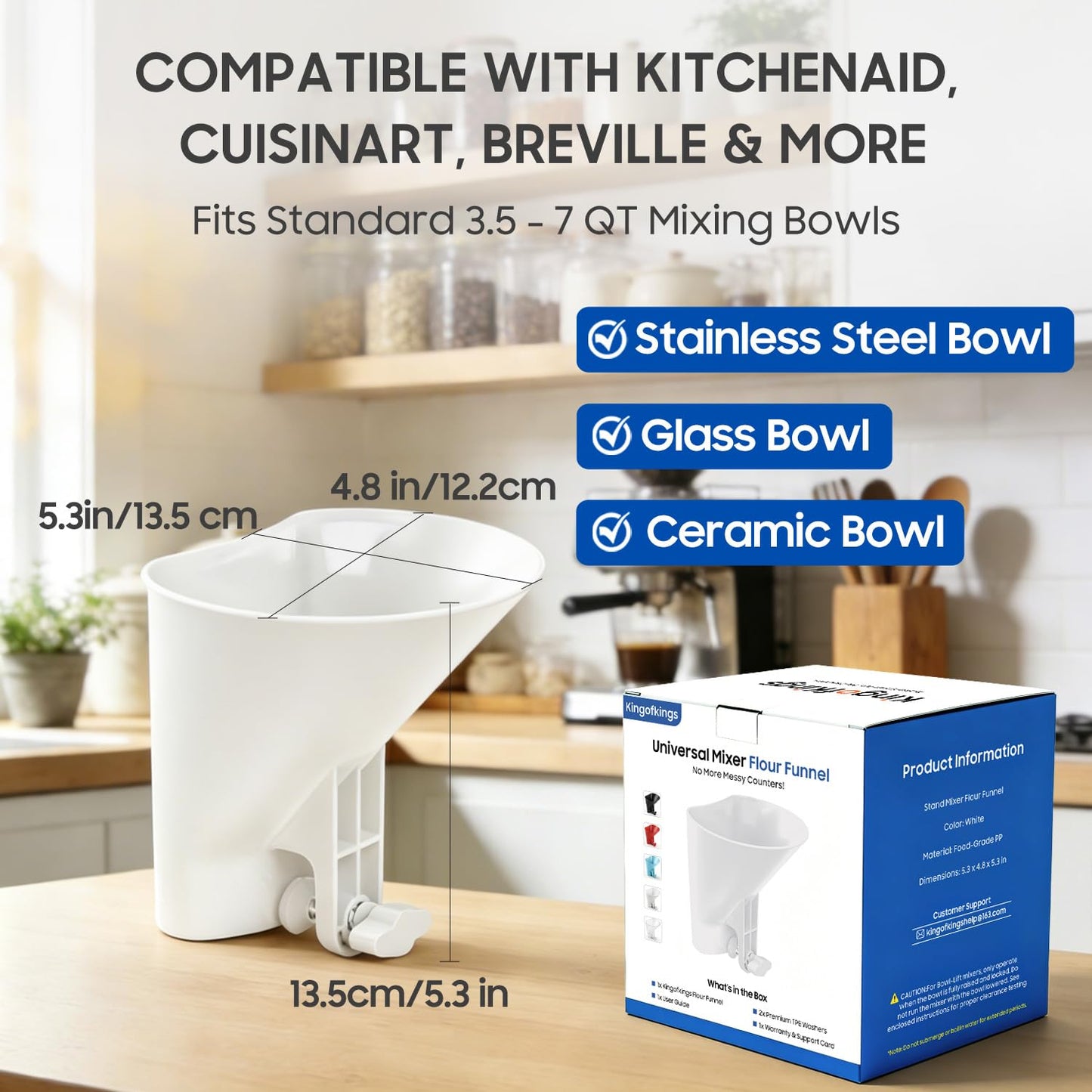 KingofKings Funnel for Kitchen Aid Accessories and Attachments, Flour Funnels for Kitchenaid Mixer Attachments, Wide Mouth Pouring Chute Baking Supplies for Cake, Mother Day Gift for Women, Mom