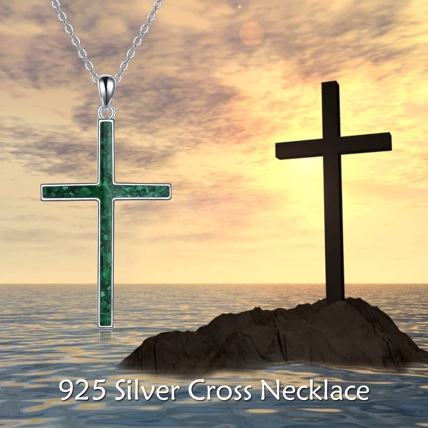 YFN Cross Necklace Sterling Silver Green Malachite Cross Pendant Religious Jewelry Gifts for Women Men