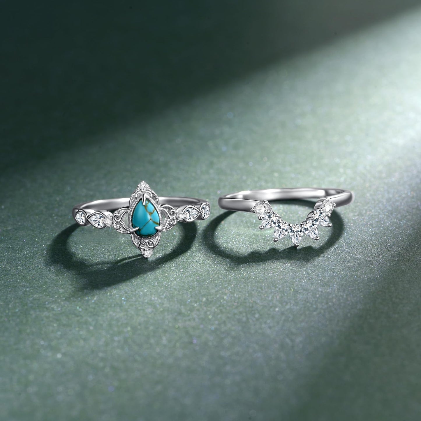 Genuine Turquoise Wedding Ring Set for Women 925 Sterling Silver Engagement Ring Sets Wedding Ring Set Real Turquoise Jewelry for Women (Size 7)