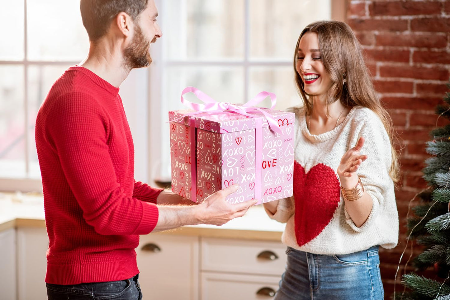 Lyforpyton Large Pink Valentine's Day Gift Box with Lids, Ribbons and Shredded Paper Fill，Suitable for Anniversaries and Valentine's Day, Wedding, Birthday, Party ，11.8" x11.8"x10.6"