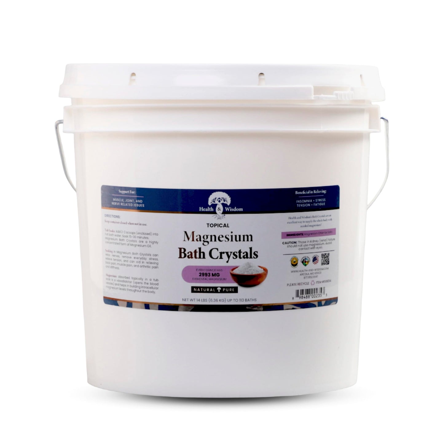 Health and Wisdom Magnesium Bath Crystals - Bath Salts with High Concentration & Enhanced Absorption for Muscle & Joint Relief - Dead Sea Sourced - Unscented - 14 lbs - Up to 113 Uses