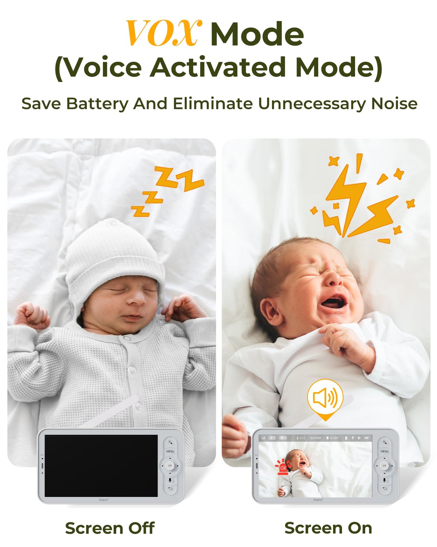 ARENTI Baby Monitor with 2 Cameras, Cry&Motion Detection, 2K Smart Baby Camera with 5'' Upgraded Wireless Display, 2 Way Audio, Super Night Vision, Lullabies, Breathing Light, Temp&Humidity Sensor
