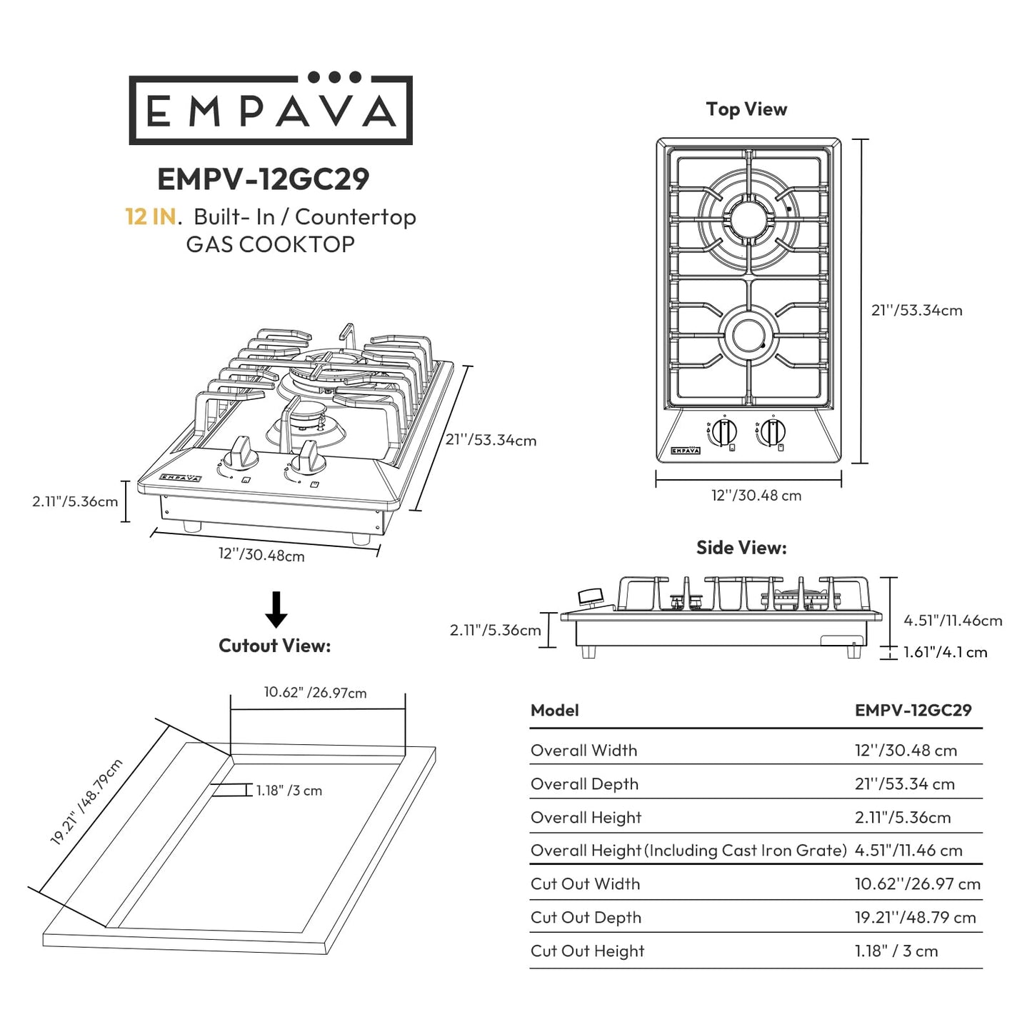 Empava 12" Gas Stove Cooktop with 2 Italy Sabaf Sealed Burners NG/LPG Convertible in Stainless Steel