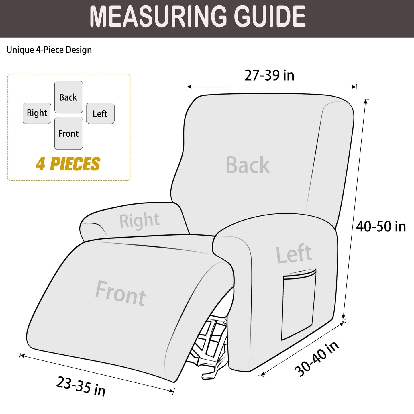 Deisy Dee 4-Piece, 1 Seat Recliner Cover, Soft Velvet Recliner Chair Covers- Stay-in-Place Slipcovers for Recliner Chair (Yellow)