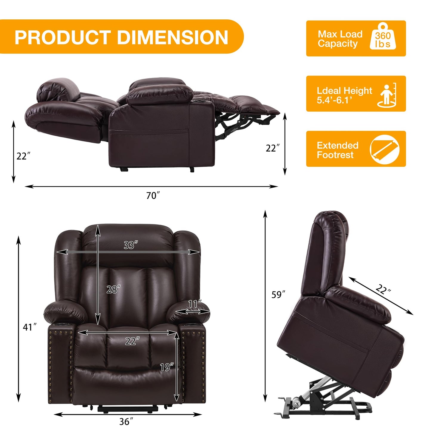 Triple Motor Large Power Lift Recliner Chair for Elderly with Heat and Massage, Lay Flat Lift Chairs for Seniors Infinite Position, Extended Footrest, USB Ports (Triple Motor-7523, Dark Brown)