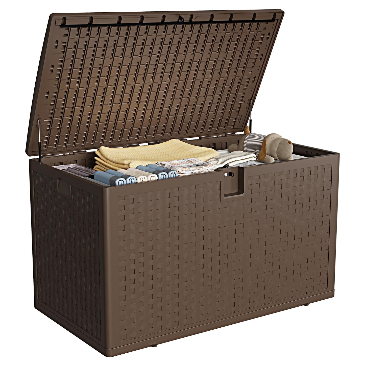 SierraSquad 120 Gallon Large Deck Storage Box - Lockable Waterproof Resin Outdoor Chest - Weatherproof Rattan Style, Side Handles, Ideal for Patio Furniture, Garden Tools, Pool Accessories - Brown