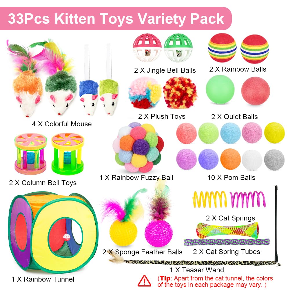 Retro Shaw Cat Toys Pack 33Pcs, Interactive Kitten Toys for Indoor Kittens Cats, Collapsible Kitty Play Tunnel Tent Feather Wand Balls Bell Springs Mouse Kitty Toys for All Breeds 15.7 Inches