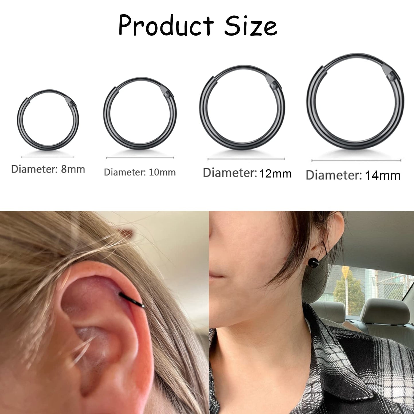 EPIRPRA Silver Hoop Earrings- Cartilage Earring Small Hoop Earrings for Women Men,4 Pairs of Hypoallergenic 925 Sterling Silver Tragus Earrings (Black,8mm/10mm/12mm/14mm)