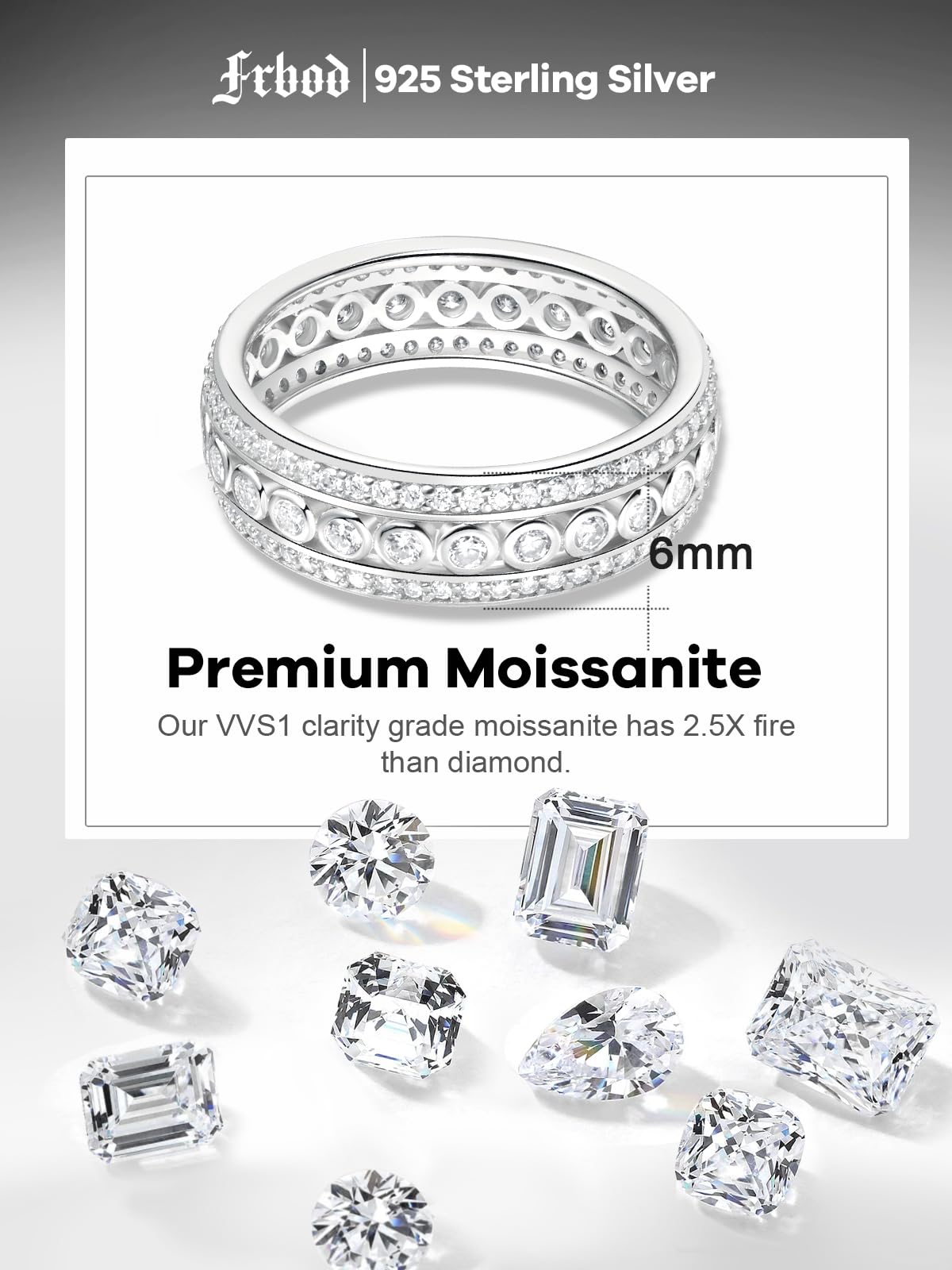 Frbod Moissanite Eternity Bezel Ring for Men 925 Sterling Silver Anniversary Band Womens Promise Wedding Ring Size 10