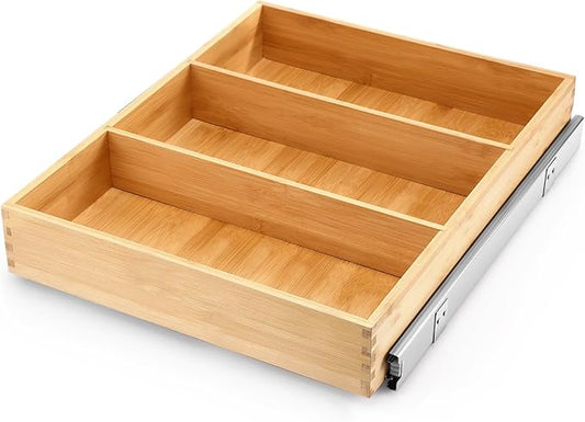 Fabsome Pull Out Cabinet Drawer Organizer for Kitchen, Sliding Bamboo Wood Storage Rack Organization, Gliding Cupboard Shelf for Pantry, Slide Out Spice Rack Container Lid Organizer, 18âW x 21âD